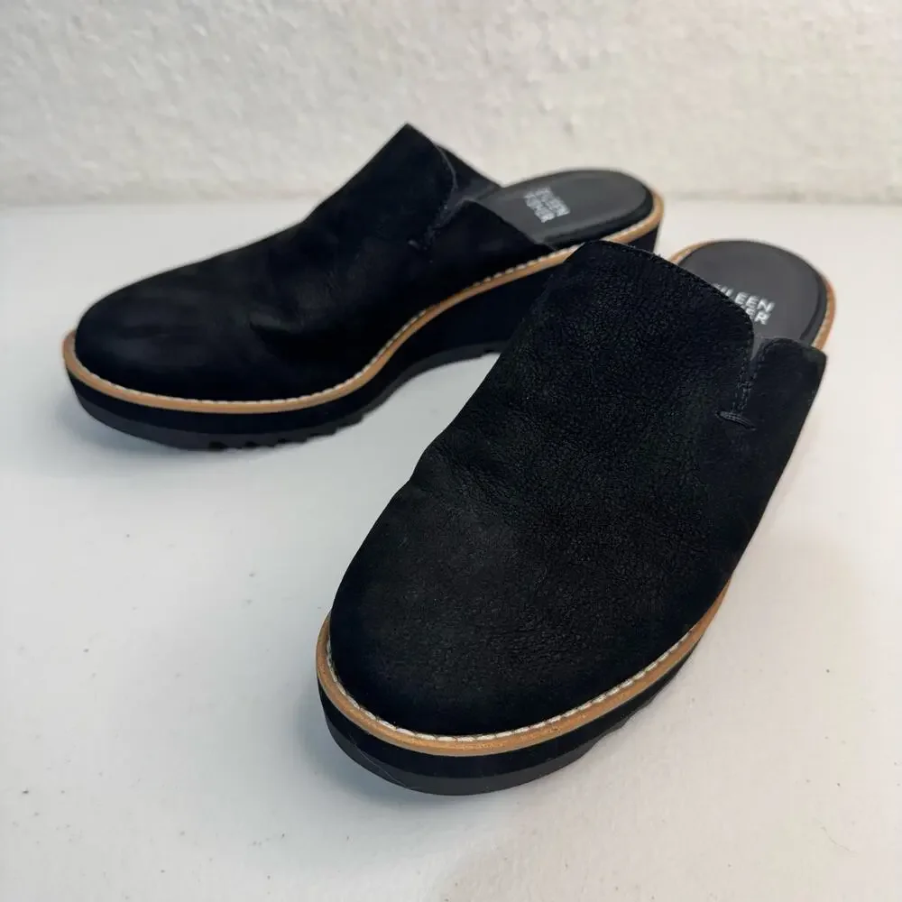 Eileen Fisher Loti Black Tumbled Nubuck Leather Slip-On Wedge Mule Clog Shoe 7.5